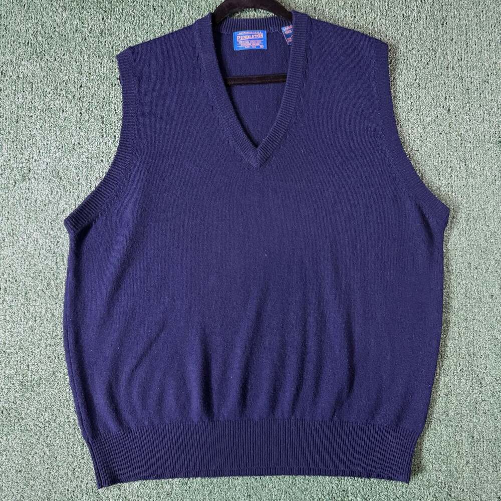 Vintage Pendleton 100% Virgin Lambswool V-Neck Sweater Vest Navy Blue XL